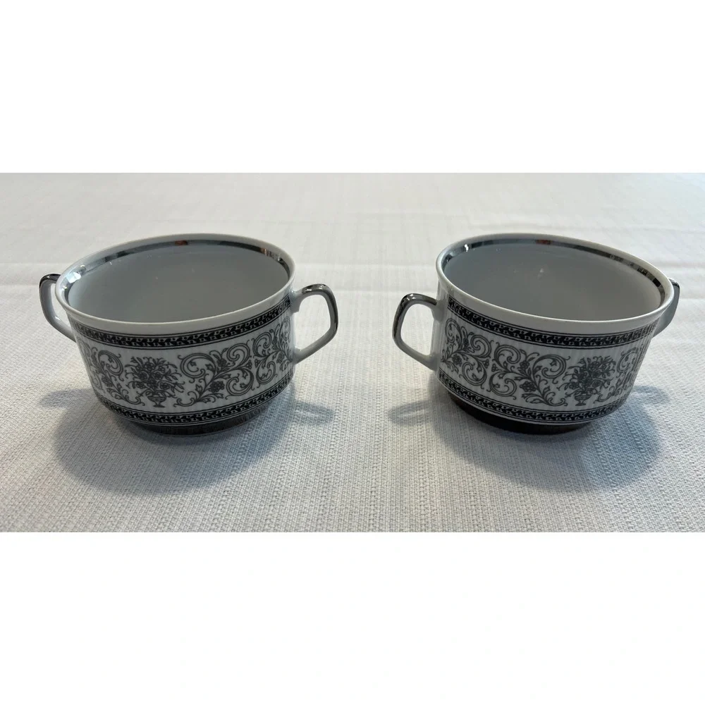 Chodziez Poland Porcelain Bouillon Cups Set‎ of 2 Black White Floral Silver Trim